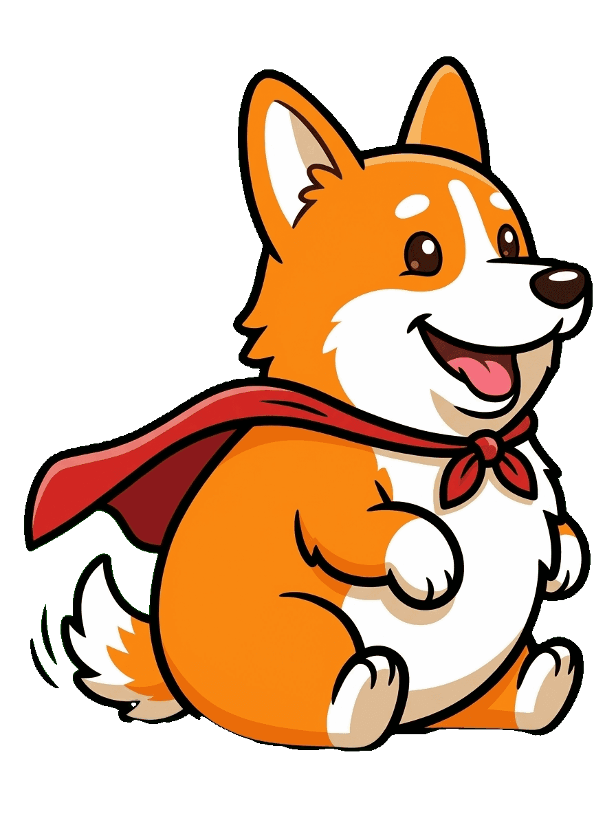 A corgi character leaning against the gameplay video frame, smiling.