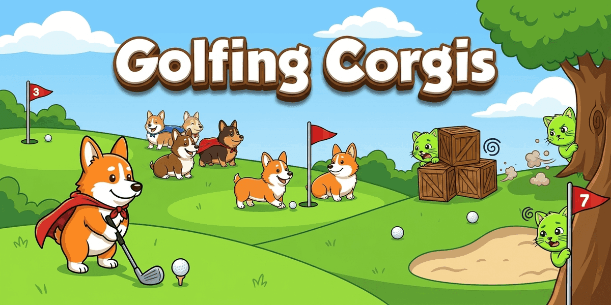 Golfing Corgis hero art. Corgi characters on a cartoon mini golf course, about to launch at cat villains.